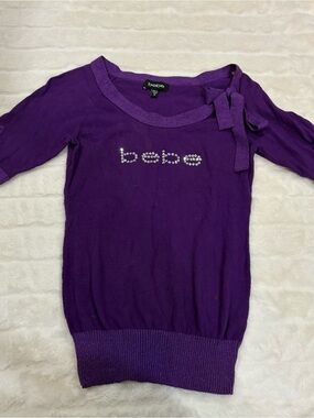 bebe Purple Knit Top with Rhinestone Logo and Shoulder Bow